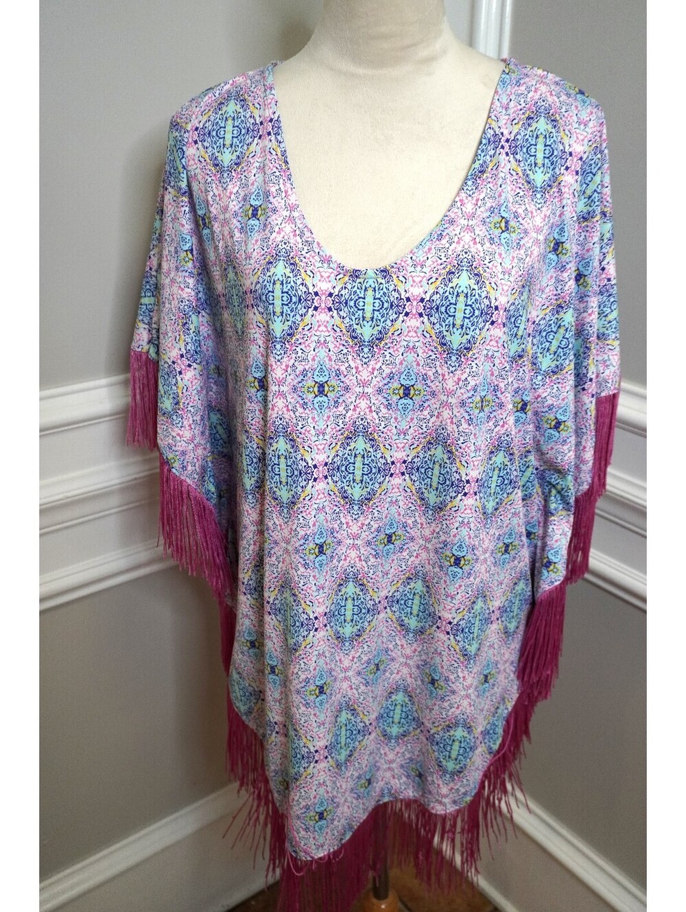 Cabana Life Women's Large Printed Cover-Up with Pink Fringe L